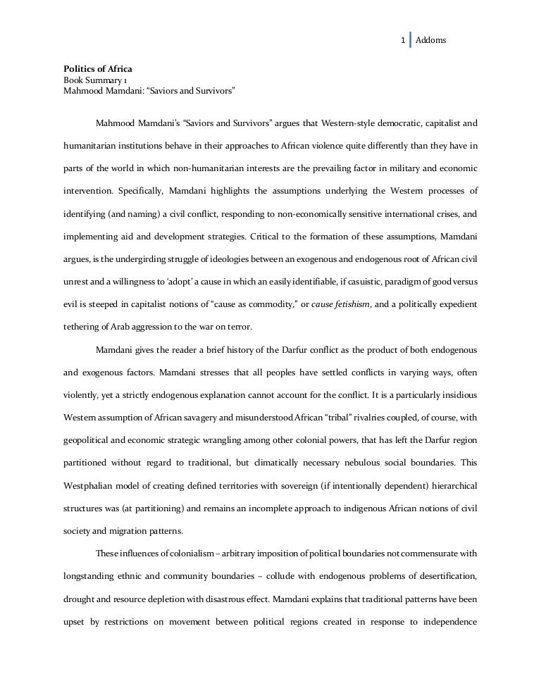 Sample Academic Book Review - Mamdani