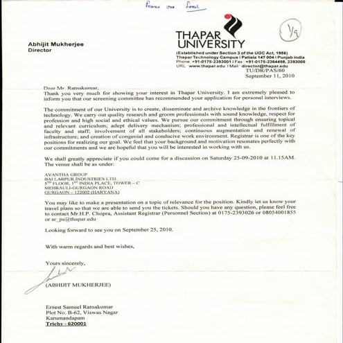 Meritorious Selection & Service at Thapar University