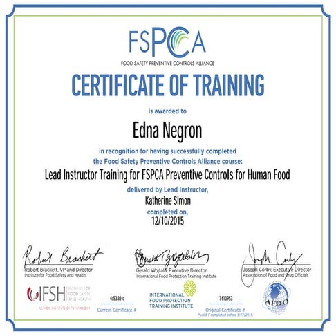 Certificados de FSPCA Edna | PDF