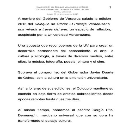 30 11 2015 - DISCURSO INAUGURACIÓN DEL COLOQUIO VERACRUZANO DE OTOÑO  "EL PAI...