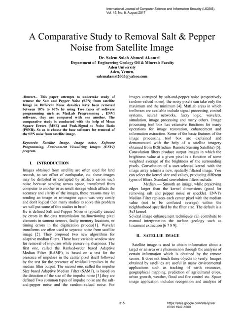 A Comparative Study to Removal Salt & Pepper Noise from Satellite Image