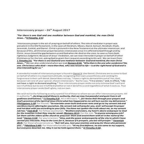 26th August 2017  - Intercessory Prayer