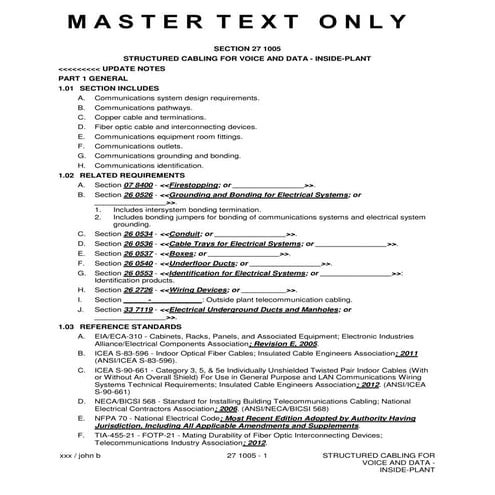CSI Master Format Specification 271005 Structured Cabling for Voice and Data
