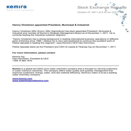 Hannu Virolainen appointed President of Kemira's Municipal & Industrial segment