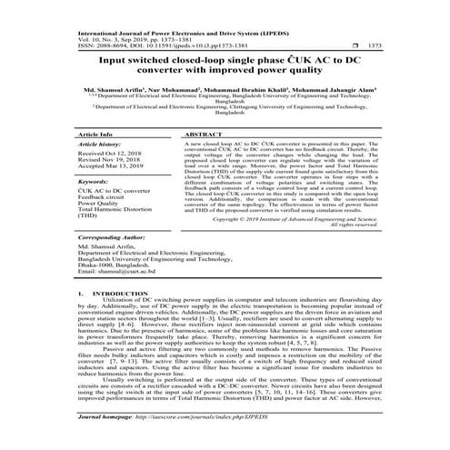 Input switched closed-loop single phase ĈUK AC to DC converter with improved ...