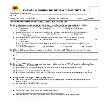 Examen mensual de ciencia y ambiente ii trimestre | DOCX
