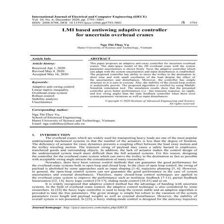 LMI based antiswing adaptive controller for uncertain overhead cranes 