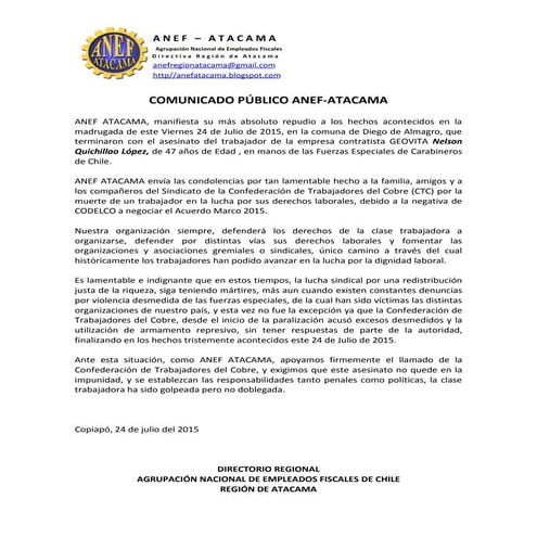 272504423 comunicado-anef-atacama-muerte-nelson-quichillao