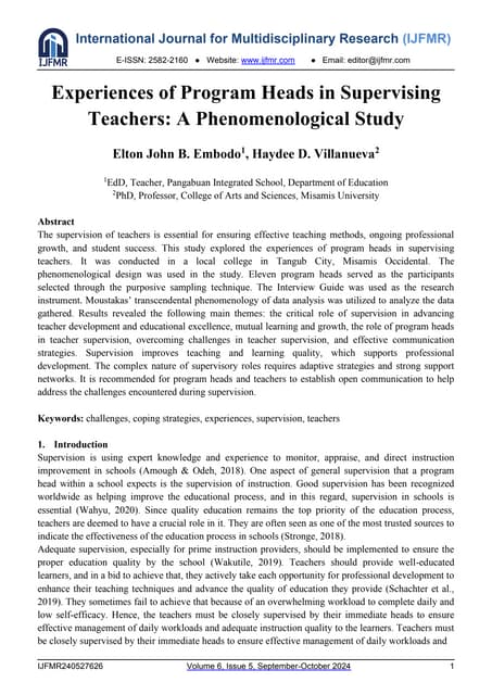 Experiences of Program Heads in Supervising Teachers: A Phenomenological Study
