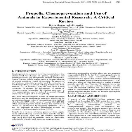 Propolis, Chemoprevention and Use of Animals in Experimental Research: A Crit...