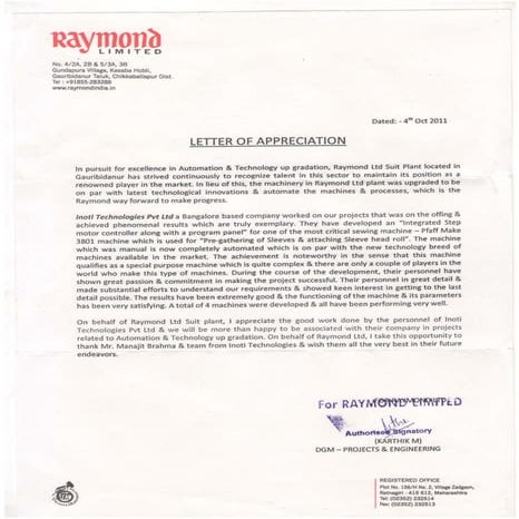 Letter of Appreciation -Raymond Ltd | PDF