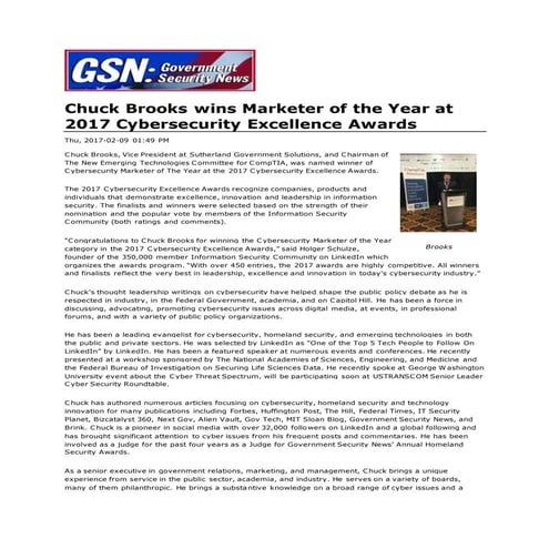 Chuck Brooks wins Marketer of the Year at 2017 Cybersecurity Excellence Awards