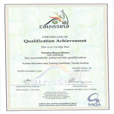 Tim Brown Certificate NQF level 4