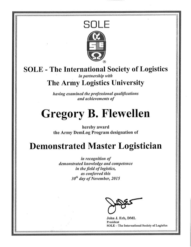 SOLE Certificate as Demonstrated Master Logistican