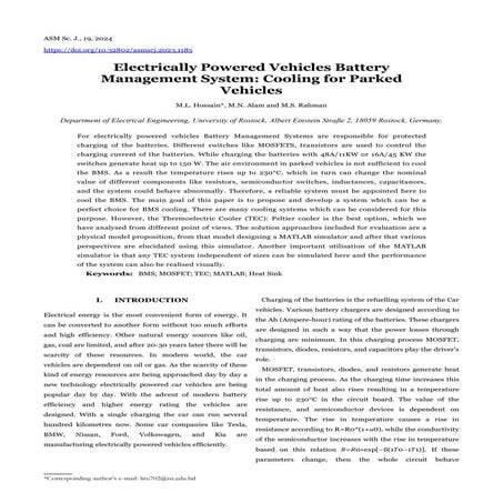 Electrically Powered Vehicles Battery Management System: Cooling for Parked V...