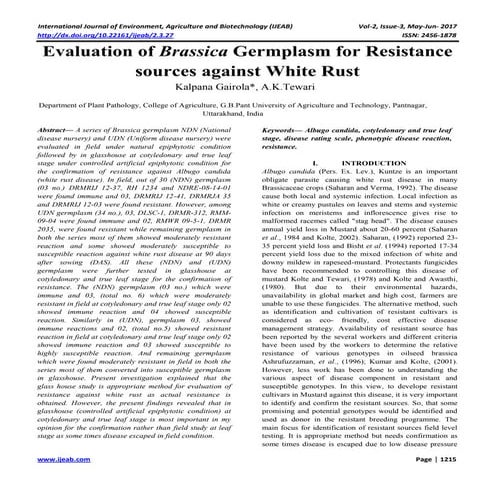 Evaluation of Brassica Germplasm for Resistance sources against White Rust