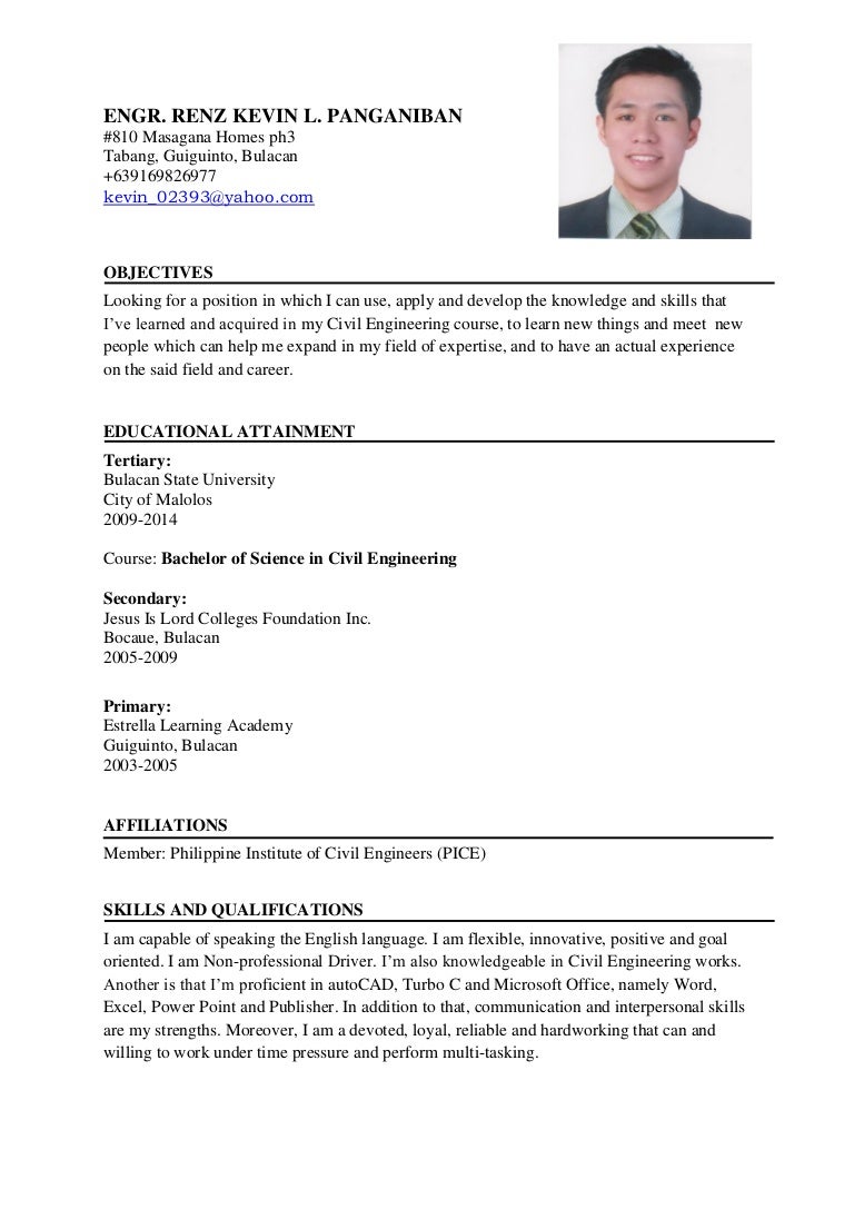 resume ni engr renz kevin sample resume in the philippines
