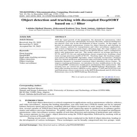 Object detection and tracking with decoupled DeepSORT based on αβ ...