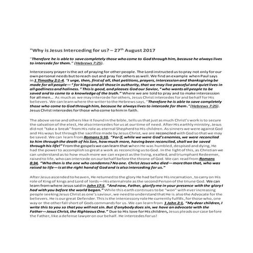 27th August 2017 - Why is Jesus Interceding for us?