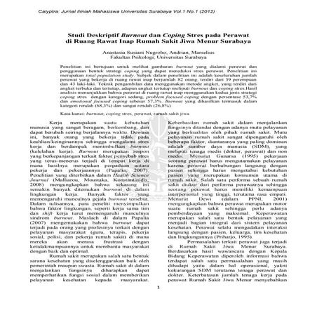 Studi Deskriptif Burnout dan Coping Stres pada Perawat di Ruang Rawat Inap Rumah Sakit Jiwa Menur Surabaya