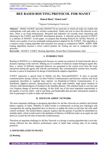 BEE BASED ROUTING PROTOCOL FOR MANET