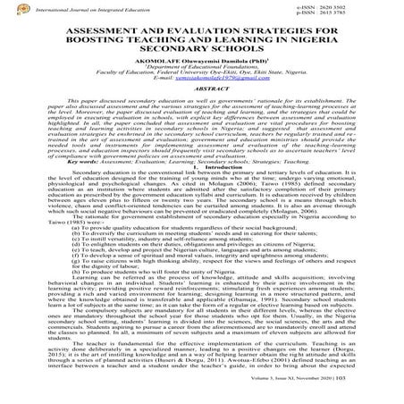 ASSESSMENT AND EVALUATION STRATEGIES FOR BOOSTING TEACHING AND LEARNING IN NI...