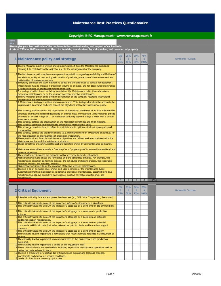 Maintenance Best Practices Questionnaire