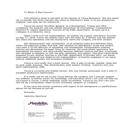 Reference letter_Mondelez_Ligistics Department