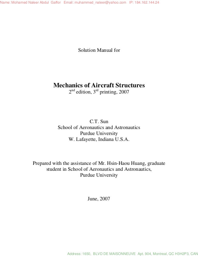 mechanics of aircraft structures solution manual c.t.sun Mechanics of aircraft structures solution manual c. T. Sun 2nd ed.