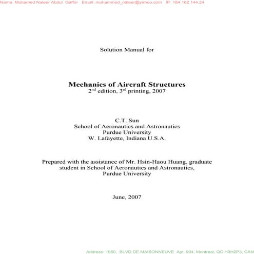 Mechanics of Aircraft Structures solution manual C.T. Sun 2nd ed