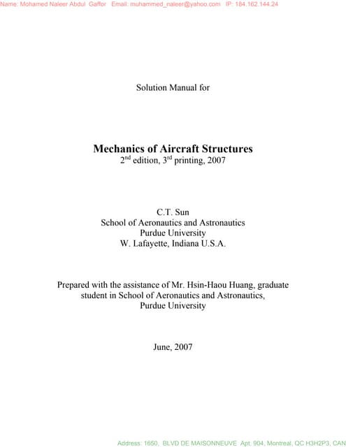Mechanics of Aircraft Structures solution manual C.T. Sun 2nd ed | PDF