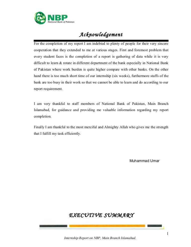 Internship Report National Bank Of Pakistan