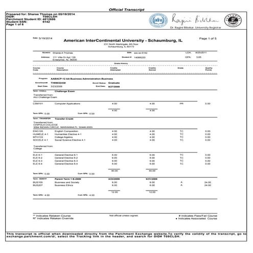 Sharee college transcripts