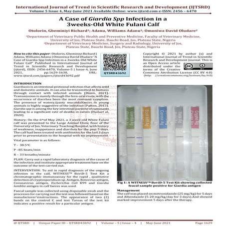 A Case of Giardia Spp Infection in a 3weeks Old White Fulani Calf