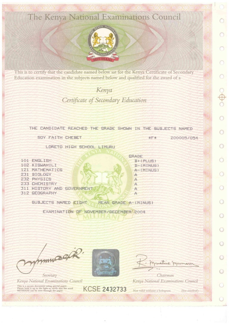 Faith Soy KCSE Certificate