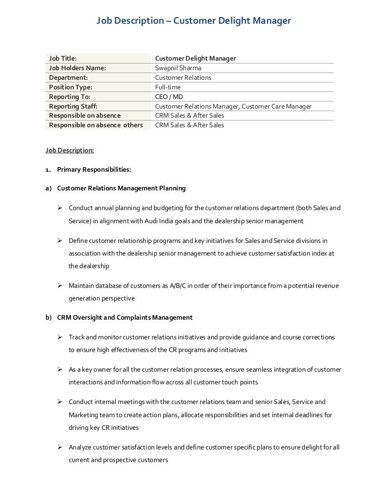 job description customer delight amp process manager job description for customer care executive