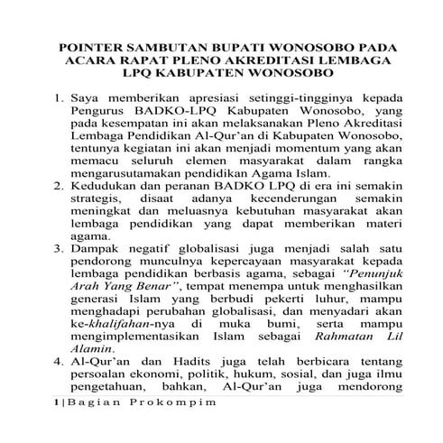 28 sept, sambutan bupati rapat pleno badko lpq