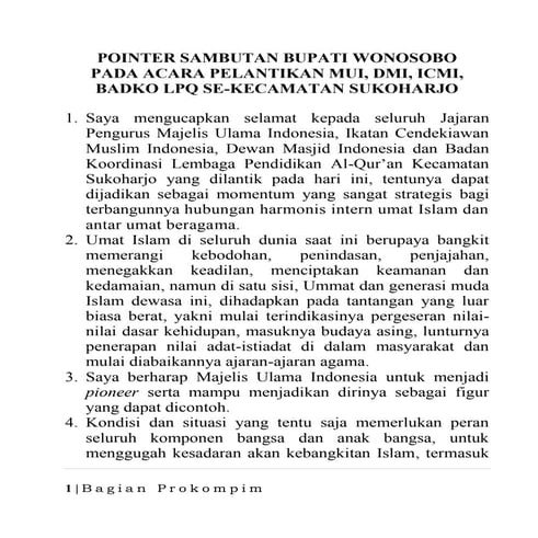 28 sept, sambutan bupati wonosobo pelantikan mui, dmi, icmi, badko lpq sukoharjo