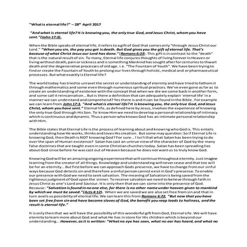 28th April 2017  - What is Eternal Life