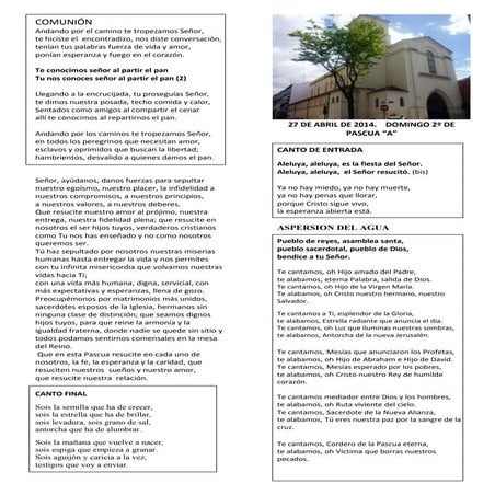 GUION DE LA MISA DEL 2º DOMINGO DE PASCUA. CICLO A. DIA 27 DE ABRIL DEL 2014