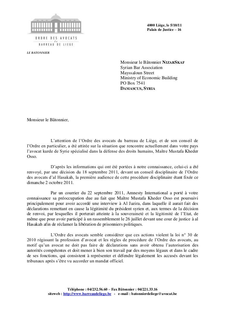 Lettre du bâtonnier de Liège au bâtonnier de syrie