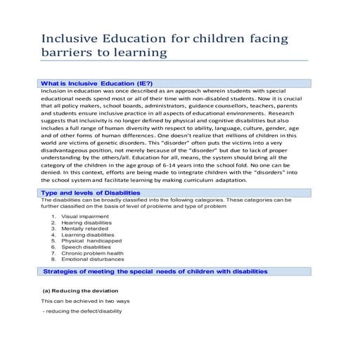 Inclusive Education for children facing barier to learning