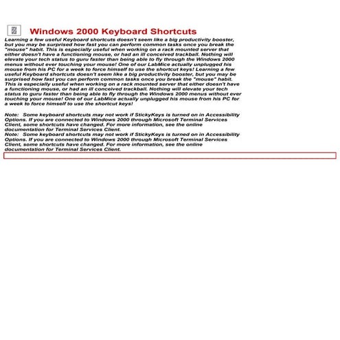 Windows 2000 Keyboard Shortcuts