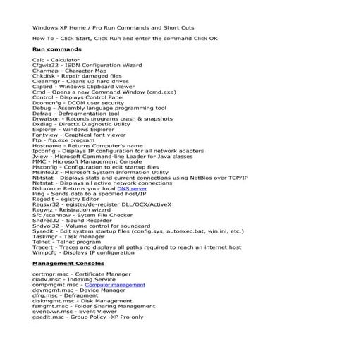 Windows XP Home / Pro Run Commands an...