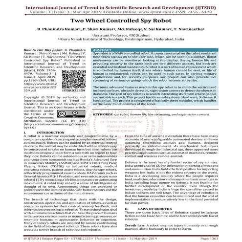 Two Wheel Controlled Spy Robot