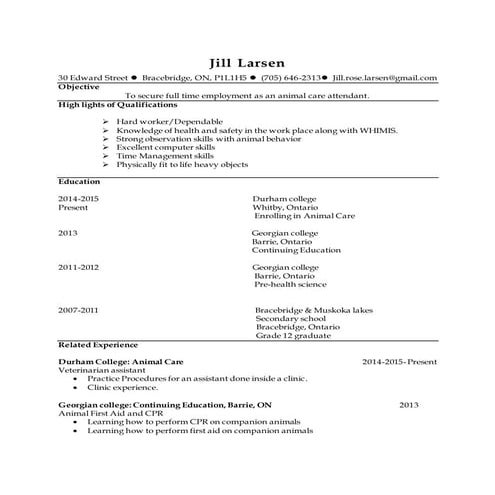 jill larsen animal care resume