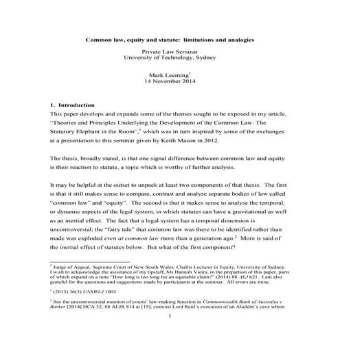 Common law, equity and statute - limitations and analogies