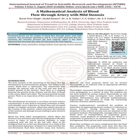 A Mathematical Analysis of Blood Flow through Artery with Mild Stenosis ...