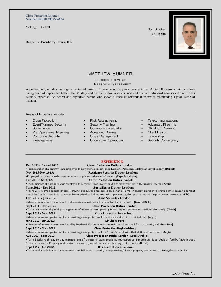 Close protection CV Mat Sumner 33