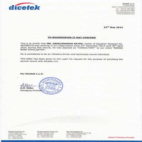 Abdelrhaman Sayed - Experience Letter